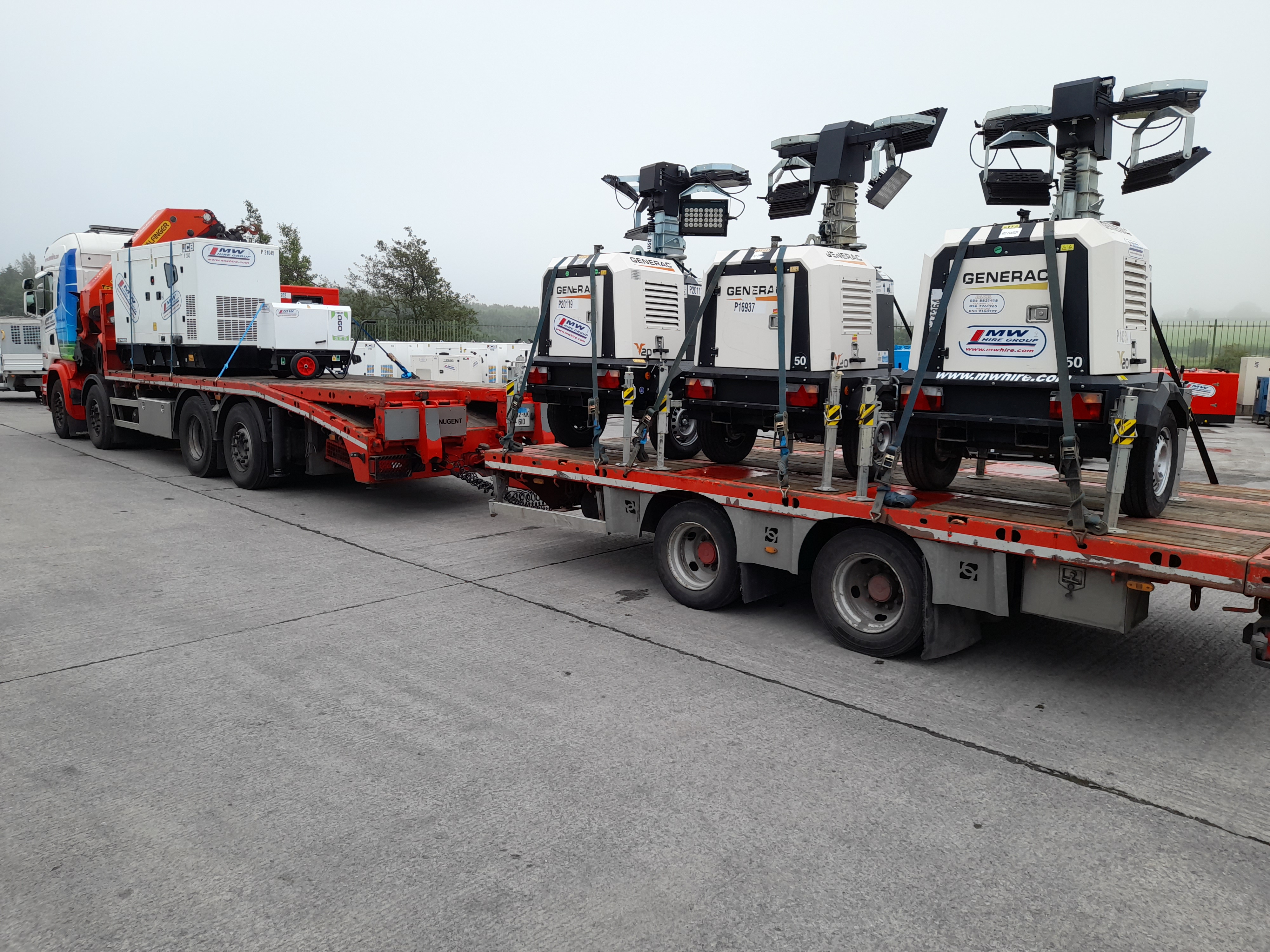 140 KVA JCB, 45 KVA Himoinsa, 6KVA Harrington and 3x Generac V20 LED Lighting towers heading to a rental project in Co. Offaly 