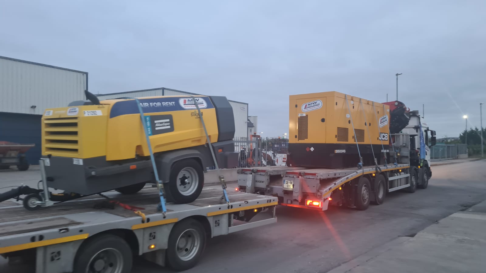 500 KVA JCB and Atlas Copco 188 - 400CFM heading out to a rental project in Cork 
