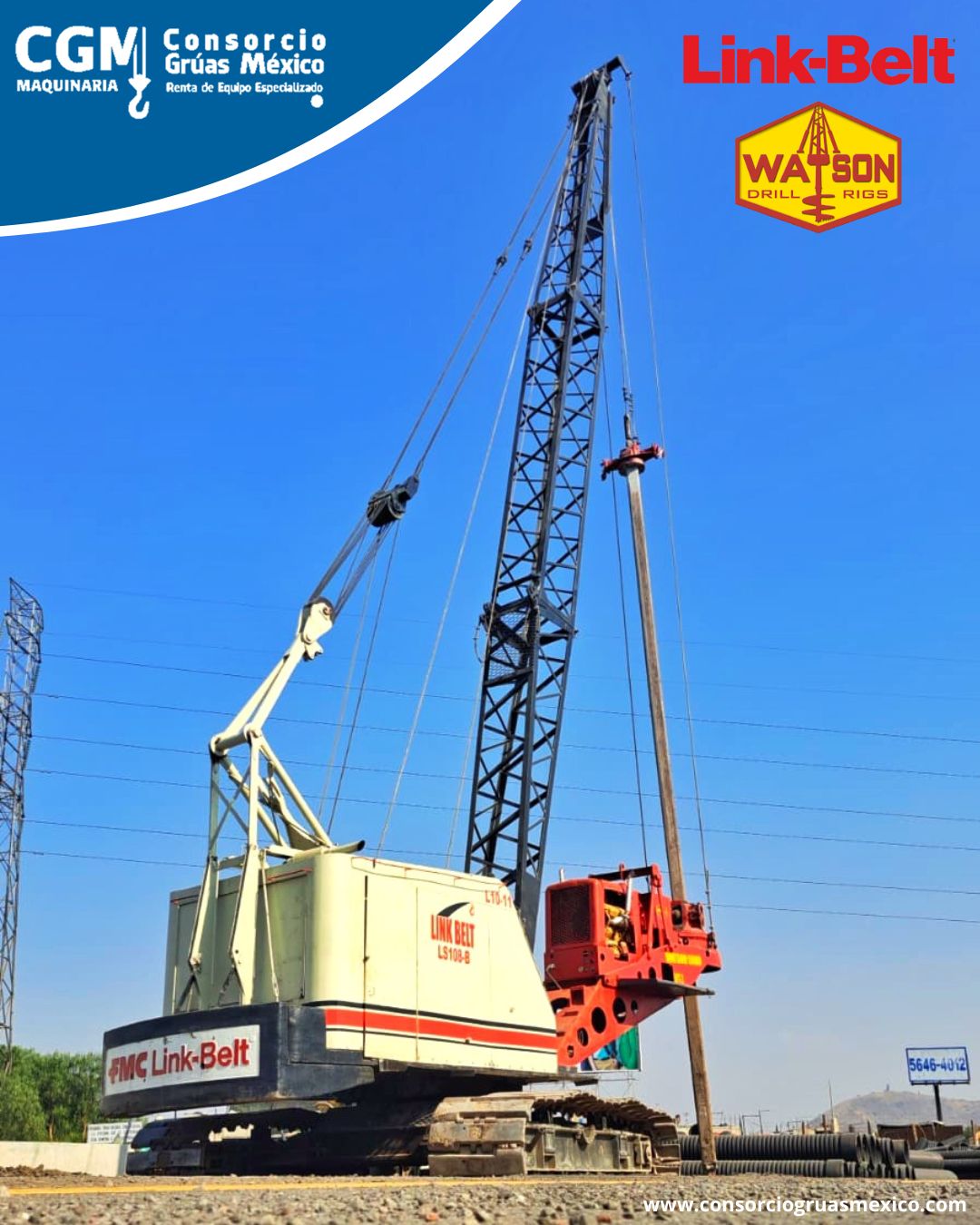 Grúa mecánica Link Belt LS 108B y perforadora montada sobre grúa WATSON 5000