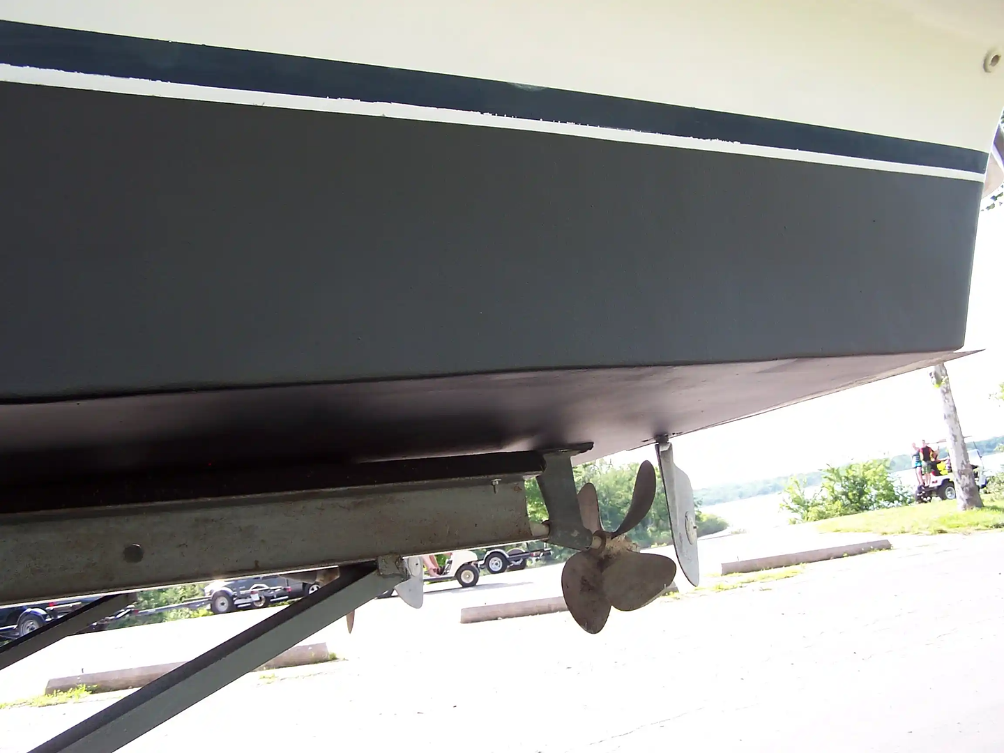 Boat hull with a fresh bottom paint finish at MC Marine