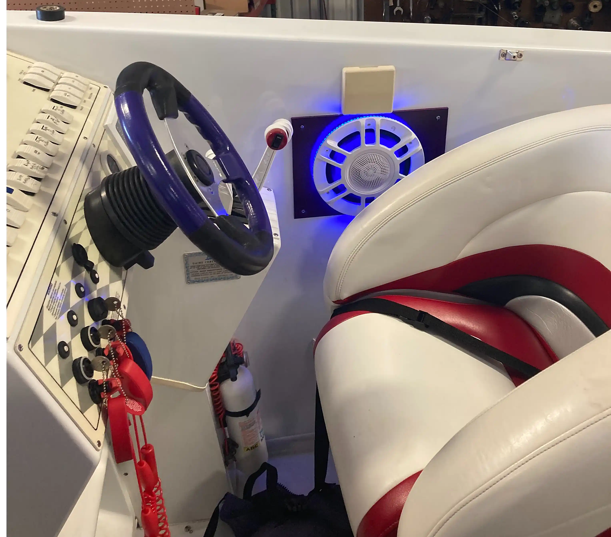 Boat helm area where a marine stereo system is installed at MC Marine