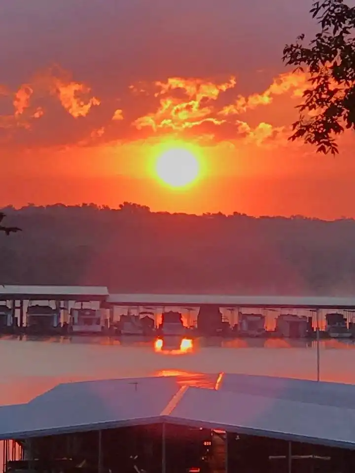 Sunset over the boat docks at Mutton Creek Marina