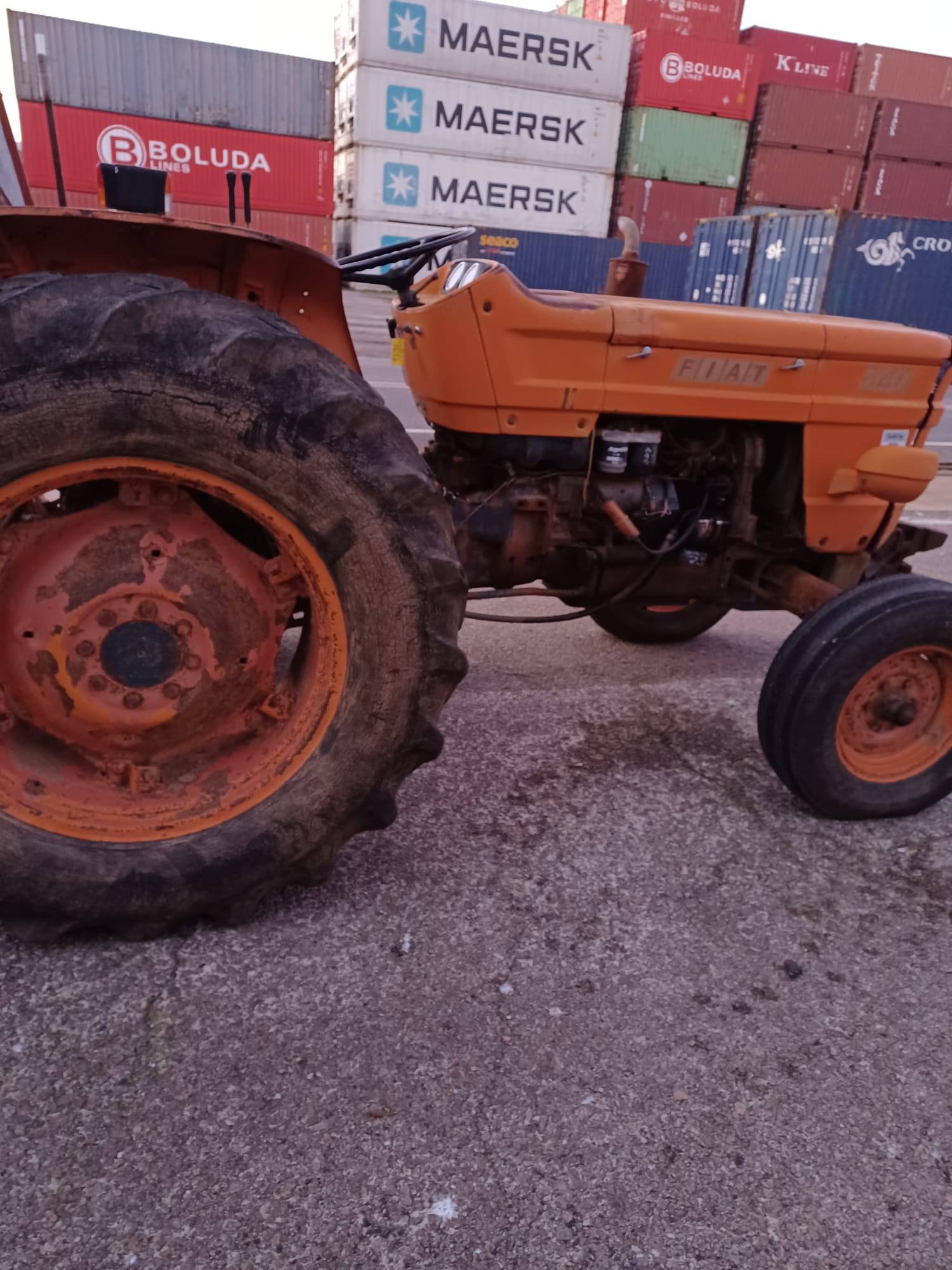 In the Port. Grimaldi RoRo shipping of FIAT 640 farm tractor from Portugal to Lagos - Nigeria.