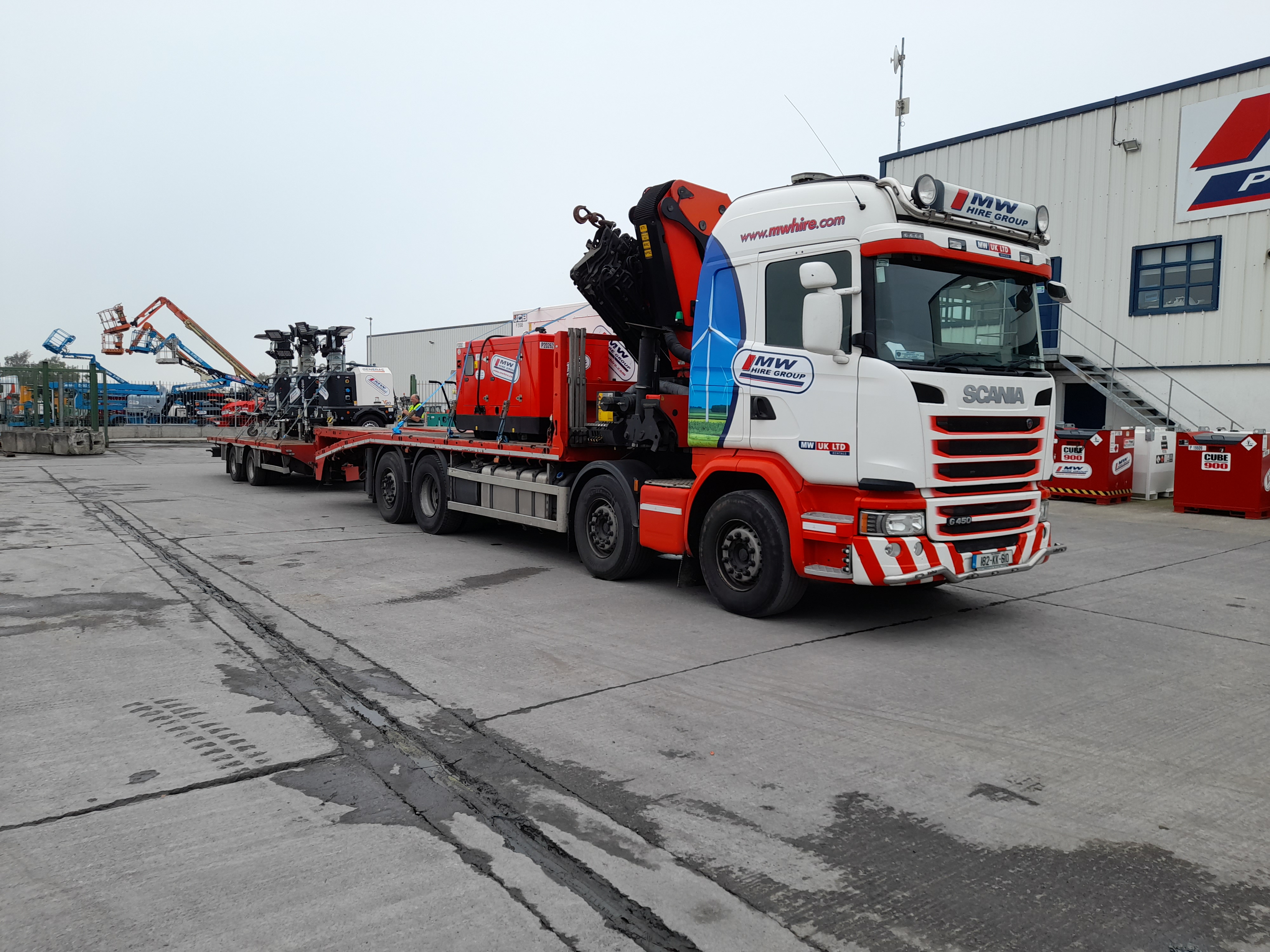 140 KVA JCB, 45 KVA Himoinsa, 6KVA Harrington and 3x Generac V20 LED Lighting towers heading to a rental project in Co. Offaly 