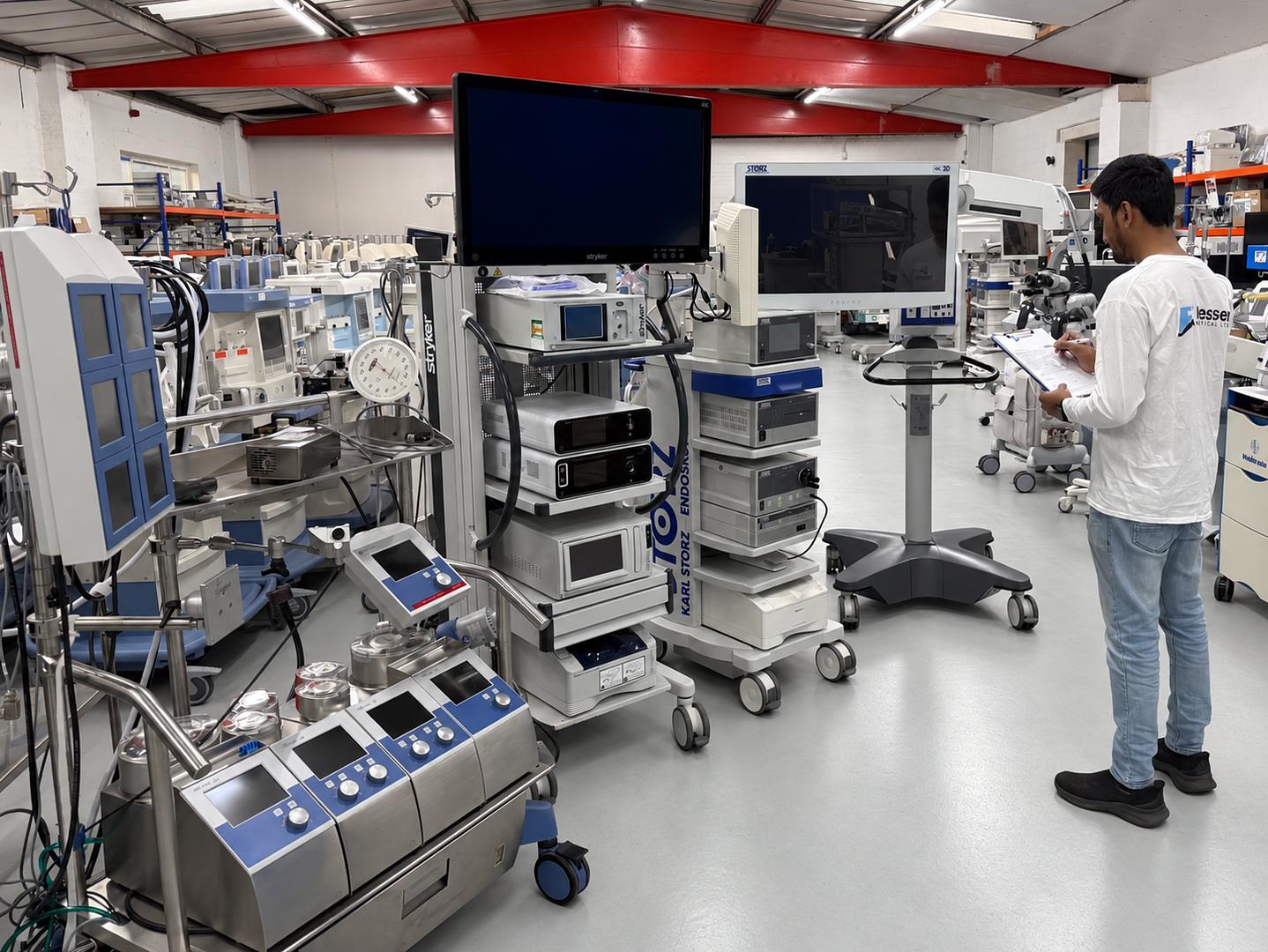 Equipment staged and reviewed in the Hessen Medical warehouse.