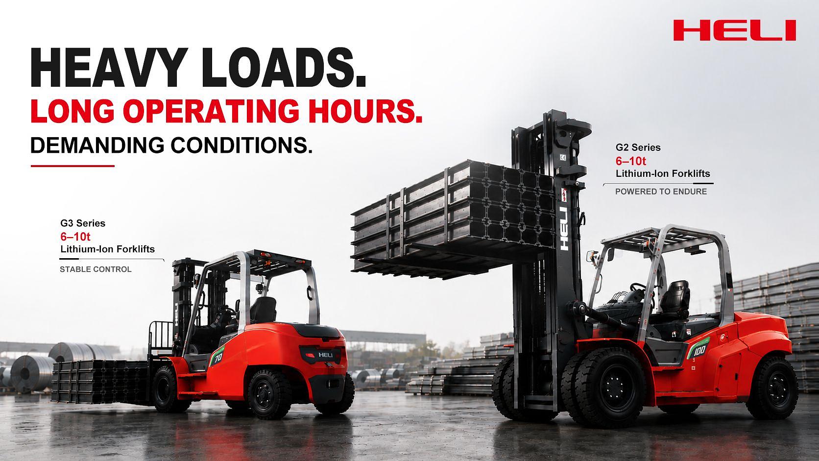 Heli G2 and G3 Series lithium-ion forklifts lifting heavy loads