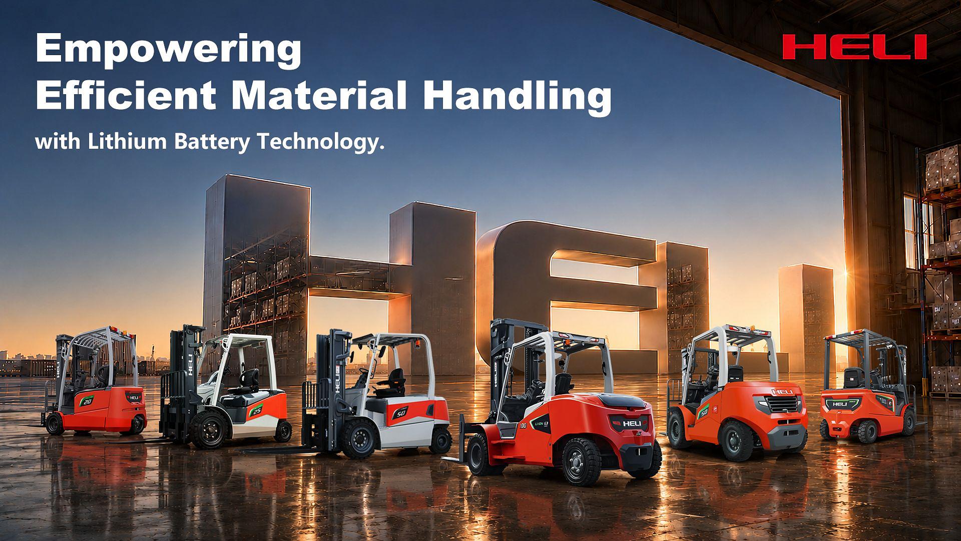 Heli lithium battery forklifts lined up in a warehouse