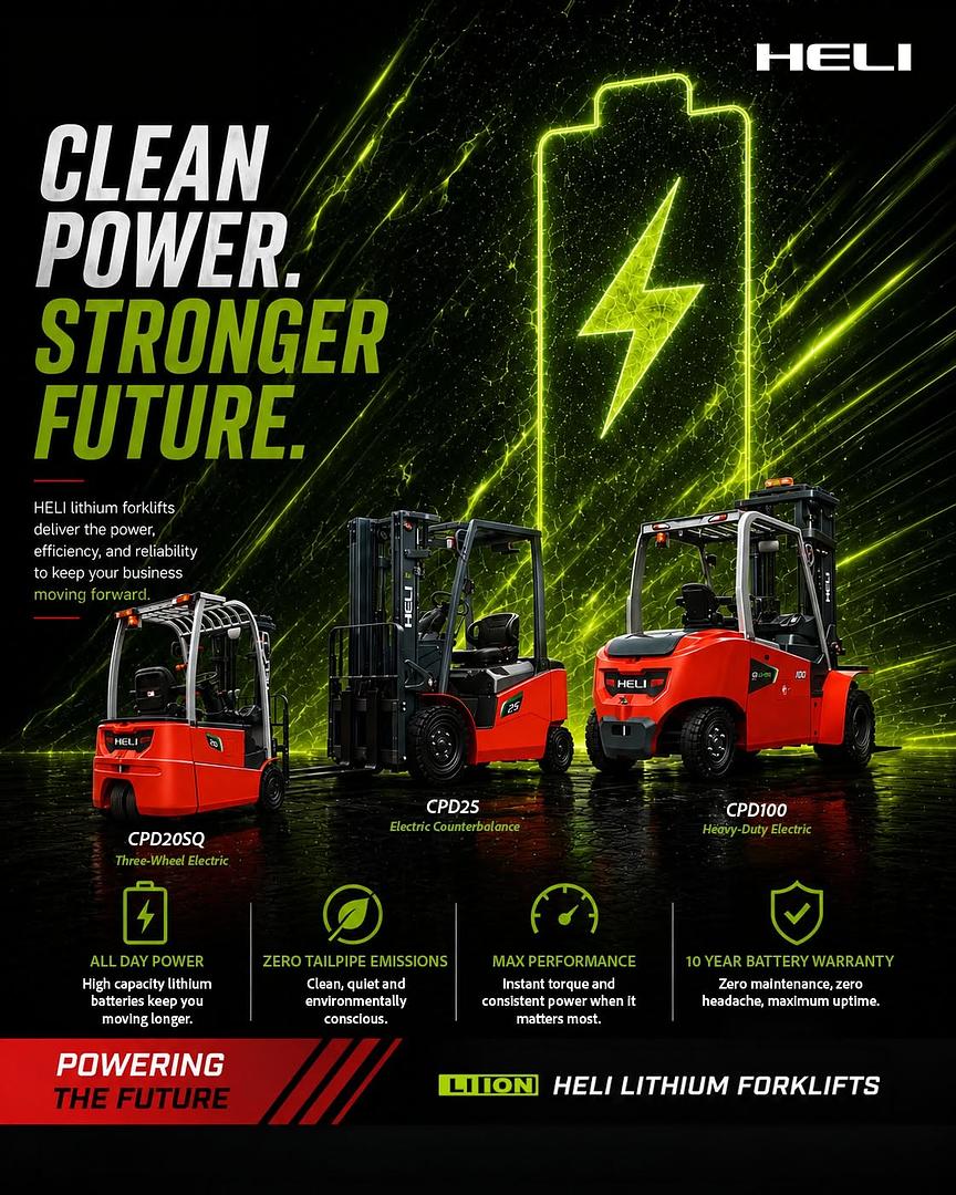 Heli lithium forklifts with all day power and zero tailpipe emissions