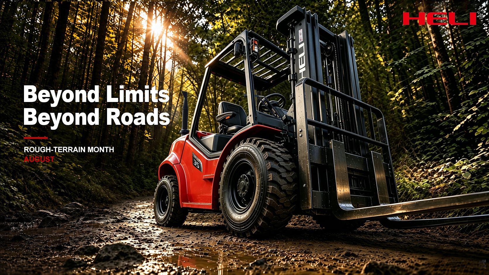 Heli rough terrain forklift on a muddy forest trail
