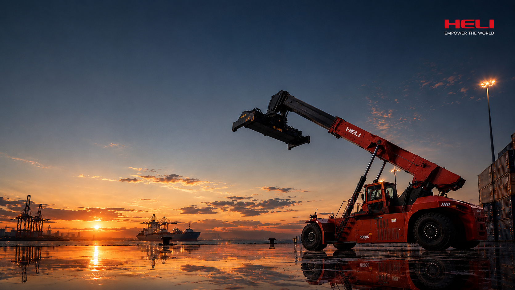 Heli reach stacker at a shipping port at sunset