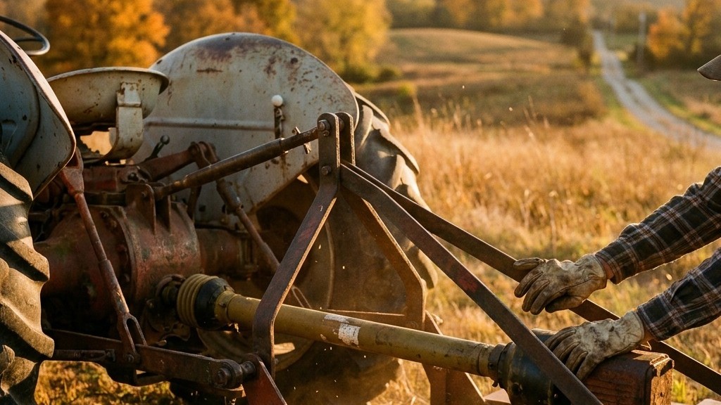 Tractor three-point hitch and PTO shaft connected to an implement