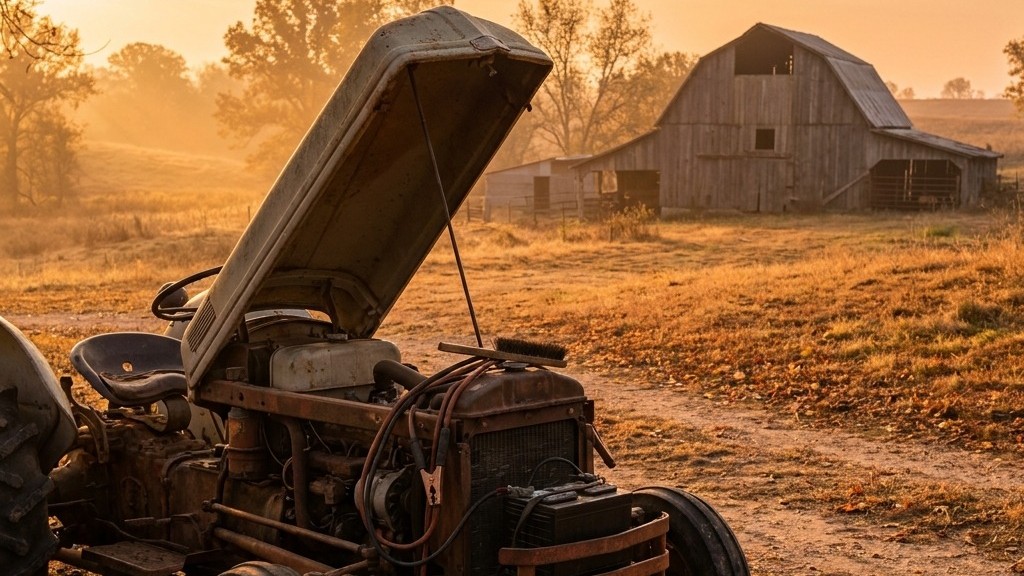 Utility tractor with the hood open in a farmyard at dawn