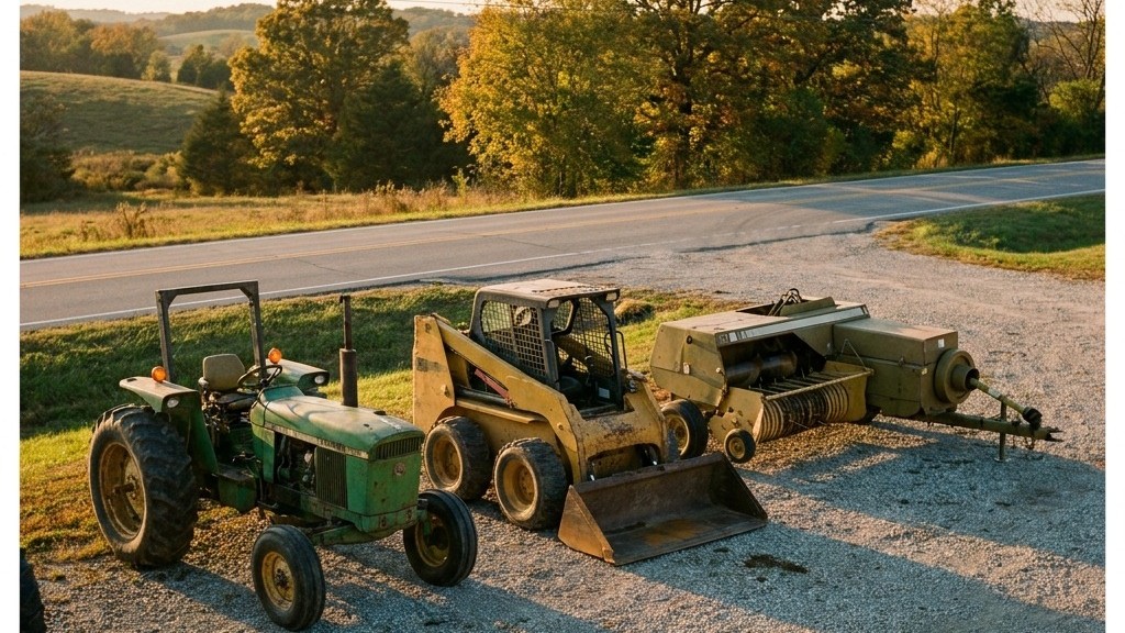 Used farm equipment lined up for sale on a gravel lot in morning light