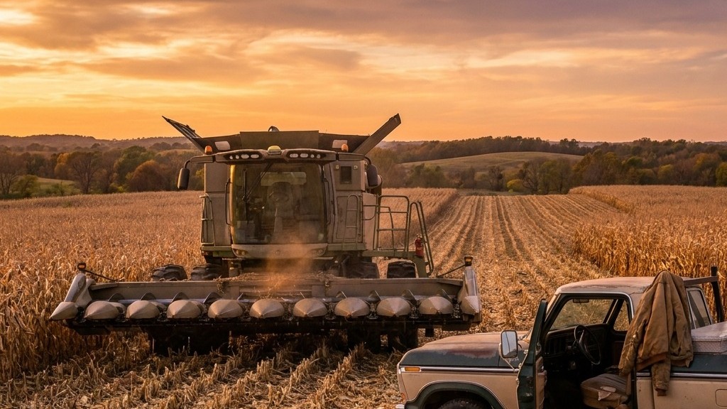 Combine stopped mid-field at dusk with a farm truck alongside