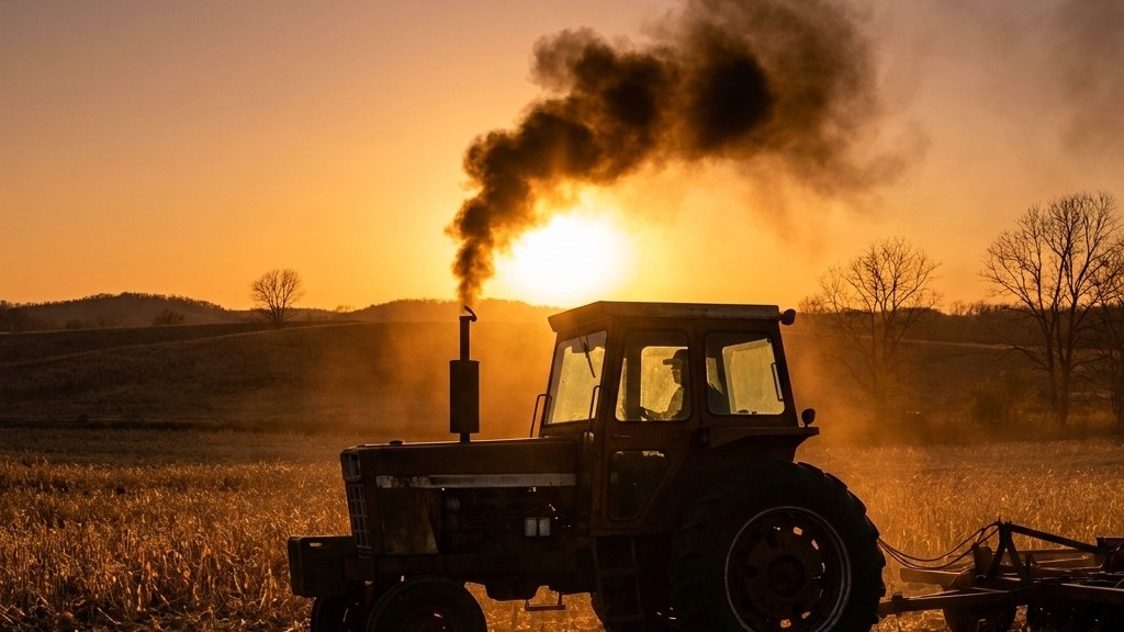 Diesel tractor exhaust stack releasing smoke against low evening sun