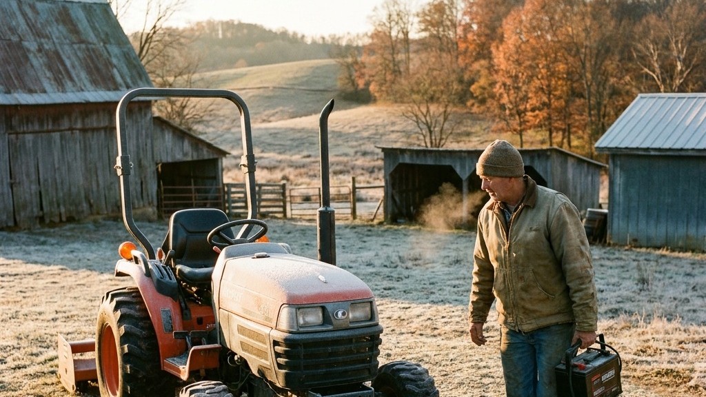 Frost-covered compact tractor on a cold clear Missouri morning