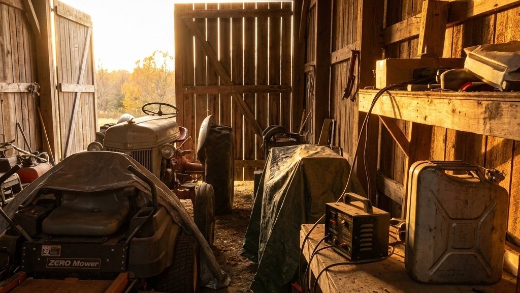 Tractor and zero-turn mower parked in a machine shed for winter storage