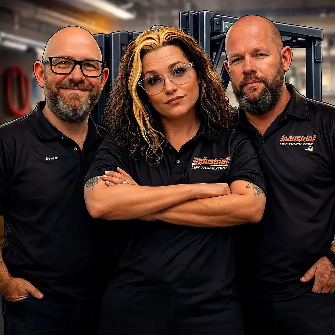 Forklift and material handling team standing in the warehouse