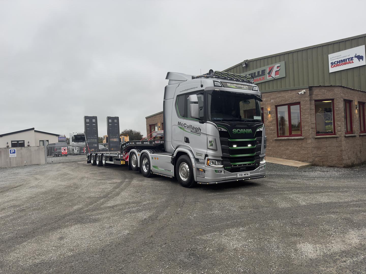 McCullagh Machinery on collection new Faymonville 3 axle extendable trailer. 