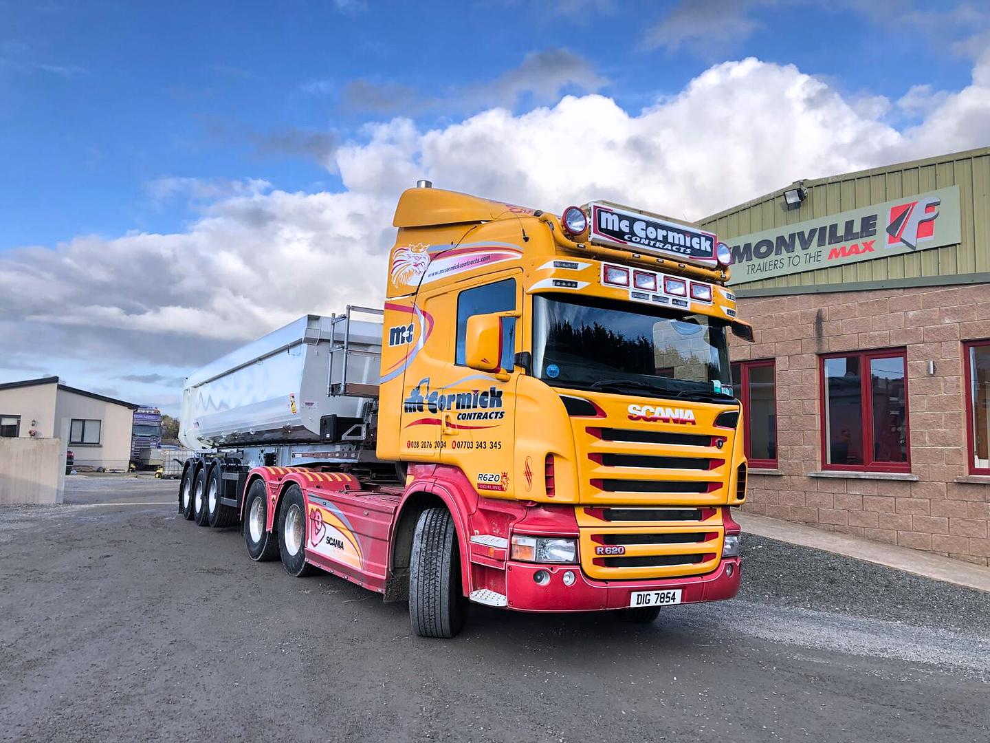 Mc Cormick Contracts Ltd on collection of New Schmitz tipping trailer