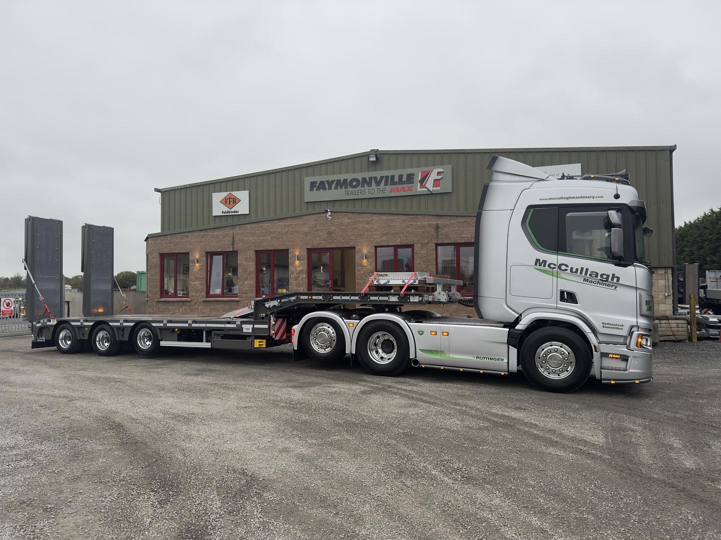 McCullagh Machinery on collection new Faymonville 3 axle extendable trailer. 