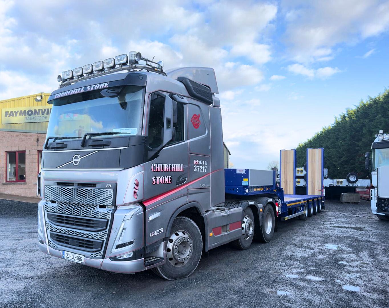 Churchill Stone, Donegal on recent collection of new Faymonville Hydro Shift bed low loader.