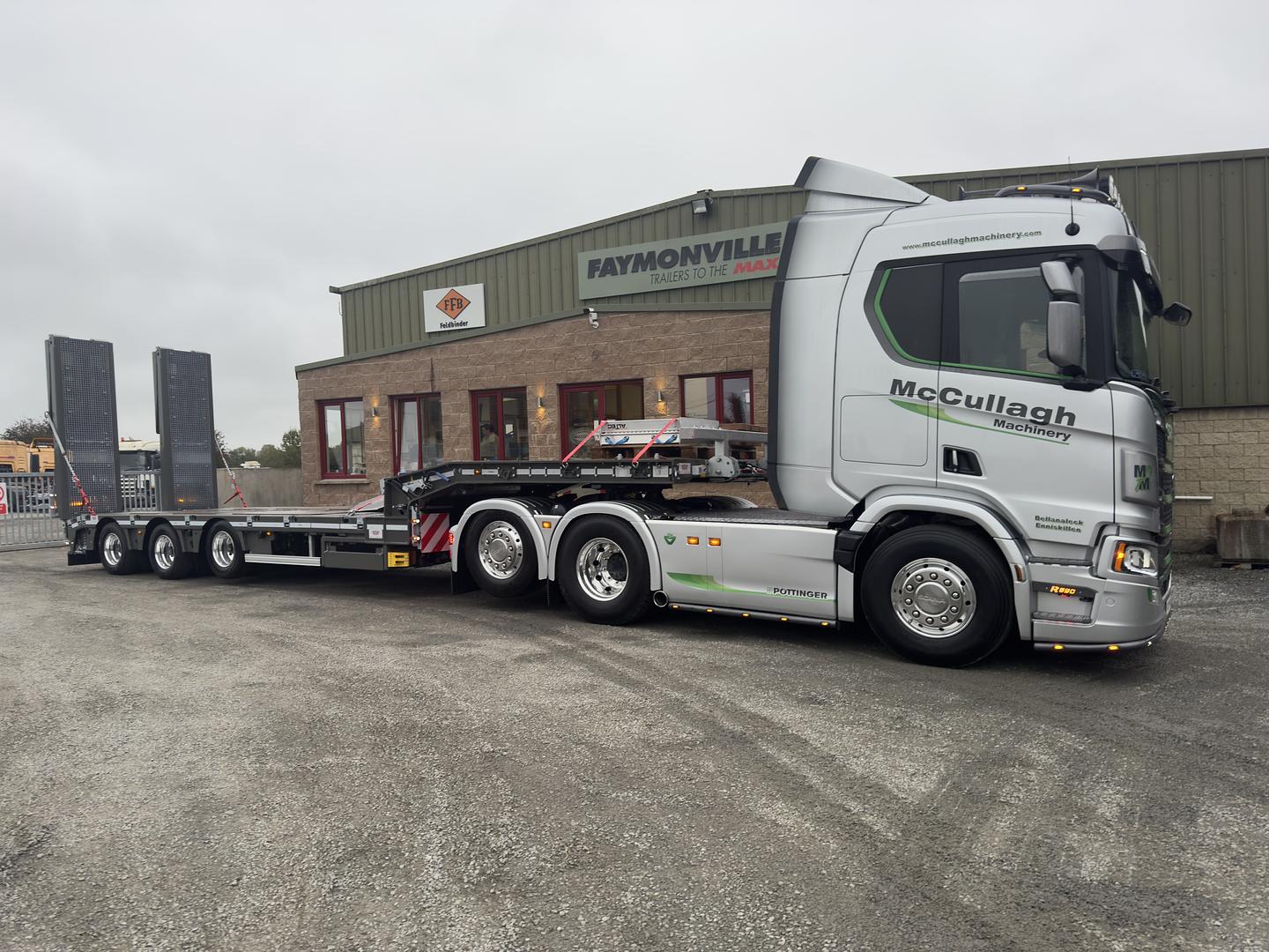 McCullagh Machinery on collection new Faymonville 3 axle extendable trailer.