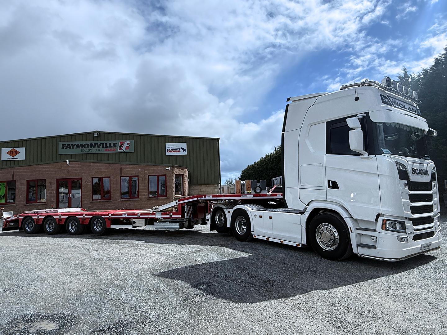 C Nolan Agri & Haulage on collection of new MAX Trailer, 4 axle step frame low loader