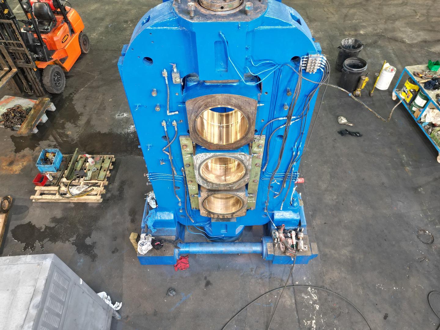 Overhaul underway - The Shaw 3 roll vertical stack calender.