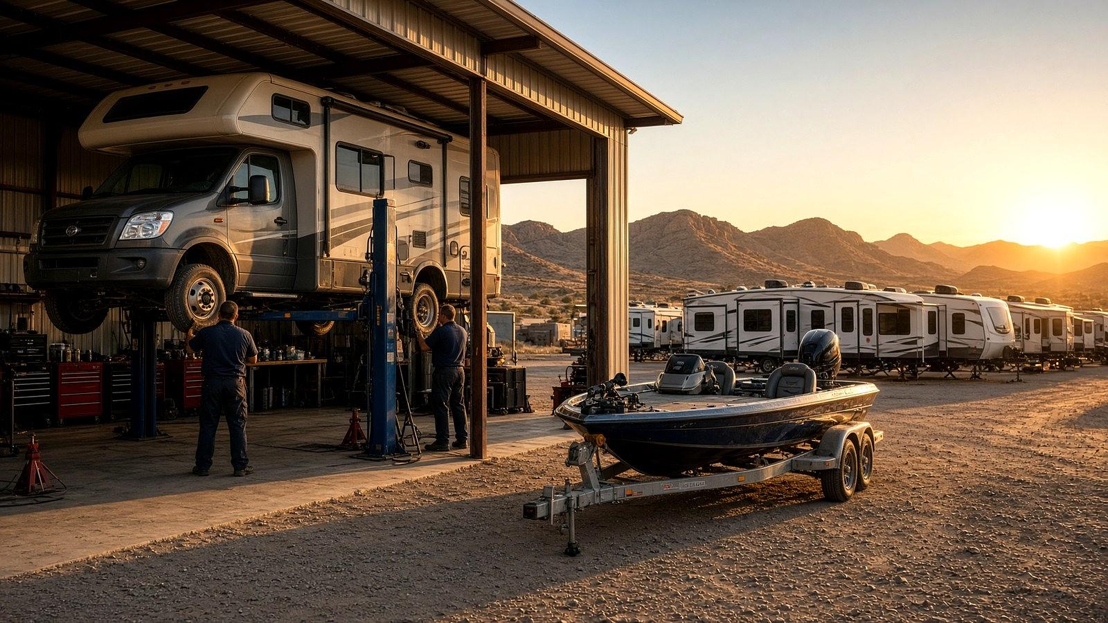Technicians servicing a motorhome and a bass boat in the Fun Country RV & Marine shop in Anthony, Texas
