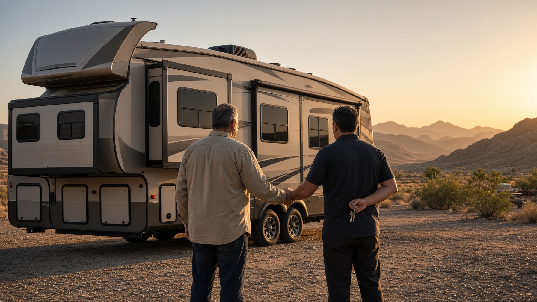 RV owner trading in a fifth wheel at a West Texas dealership at golden hour