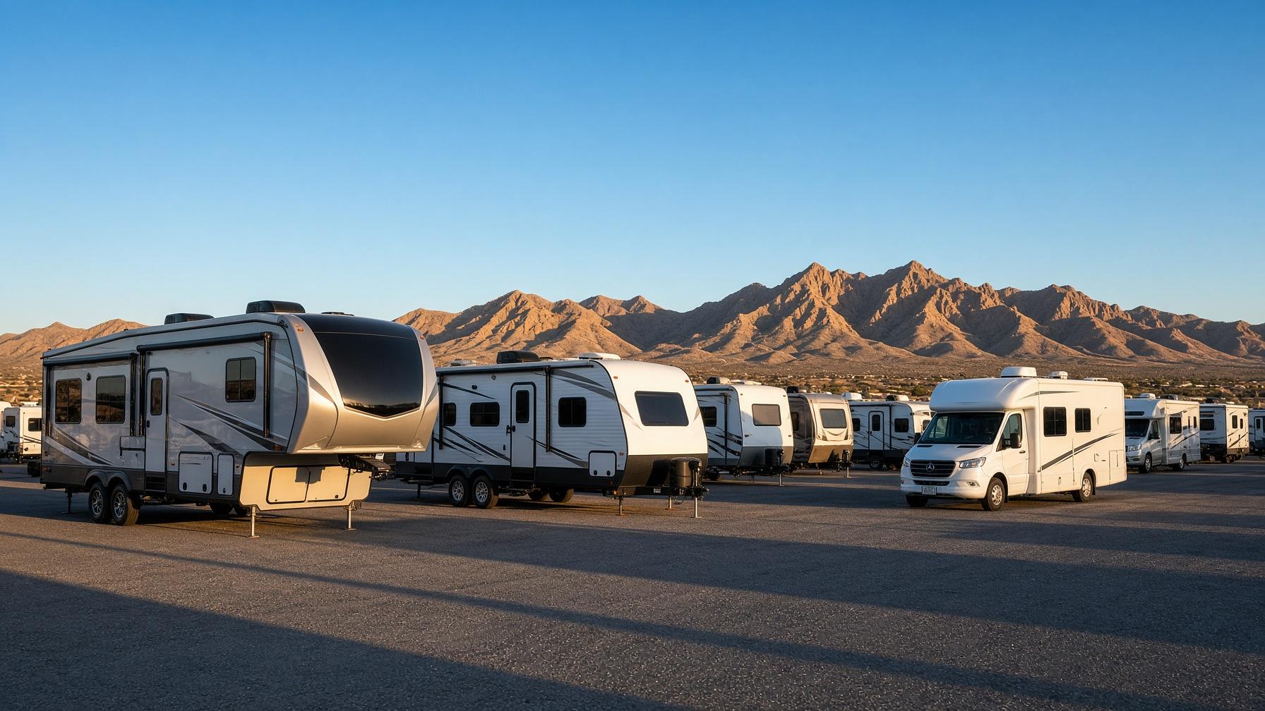 Travel trailers, fifth wheels, and motorhomes on the Fun Country lot in West Texas