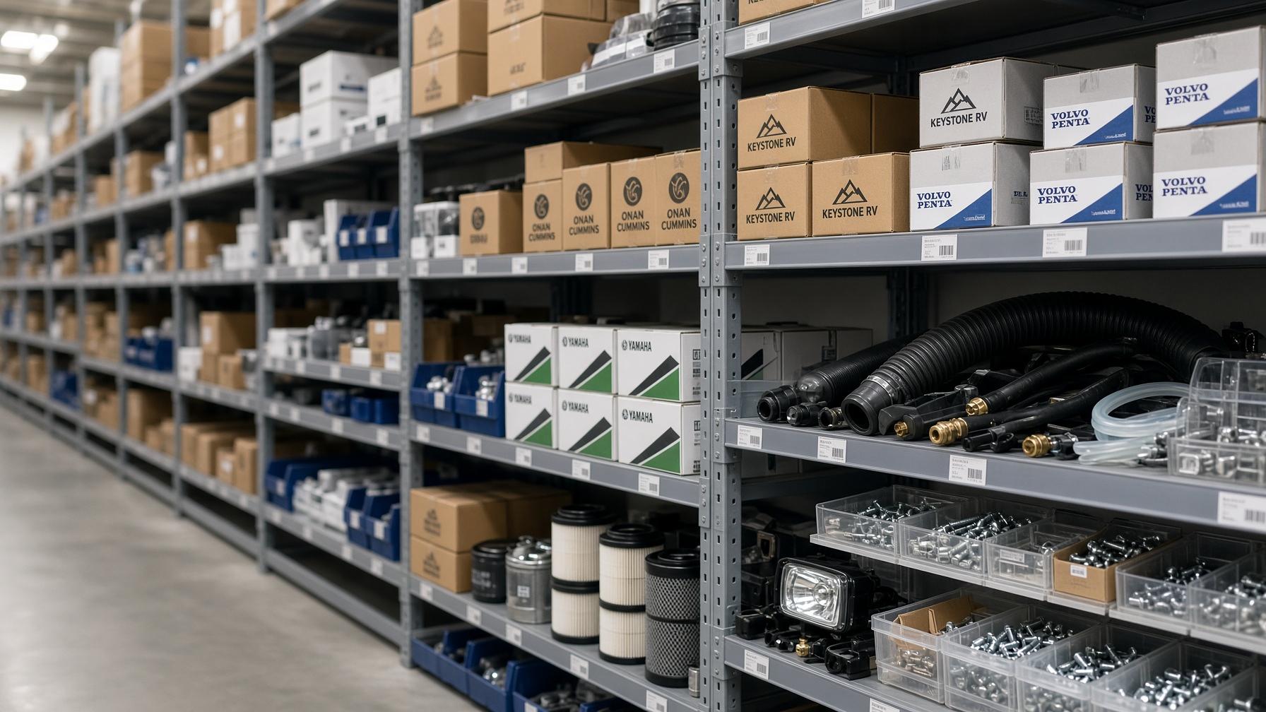 OEM RV and marine parts warehouse shelves with filters, hoses, and hardware