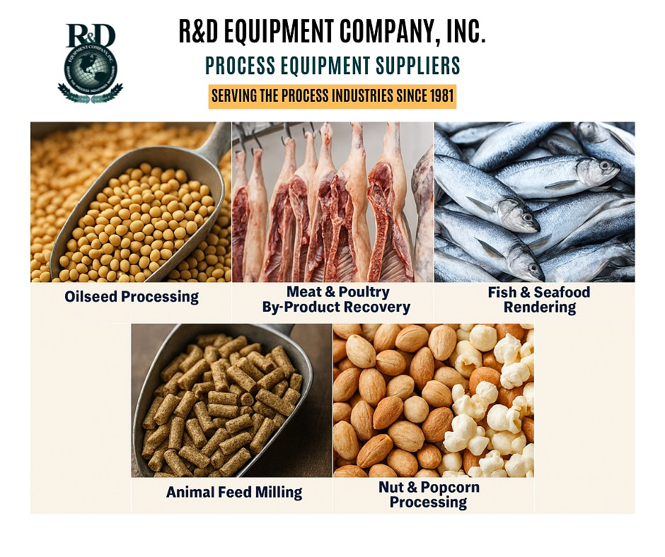 At R&D Equipment Co., we specialize in sourcing and supplying top-tier machinery for oilseed extraction, rendering, feed milling, and food processing.