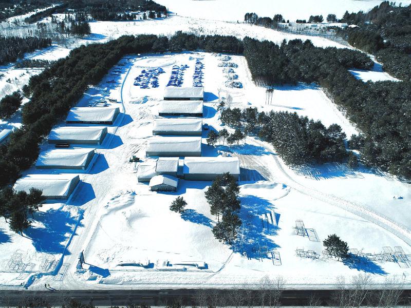 Aerial view of storage buildings in winter