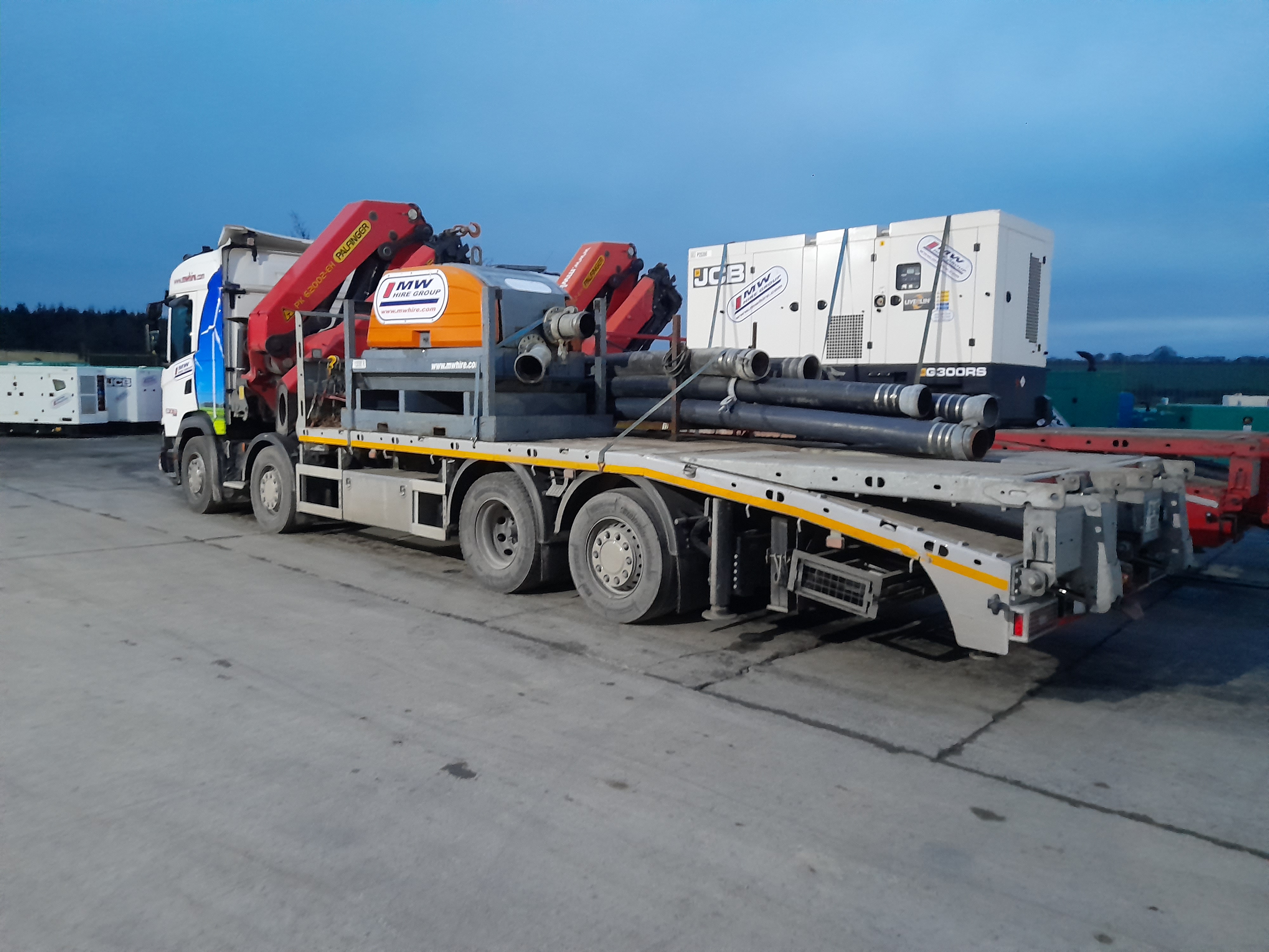 300 KVA JCB Generator and an 8" SPP Pump + Hosing head out on rental jobs in Kerry and Wicklow