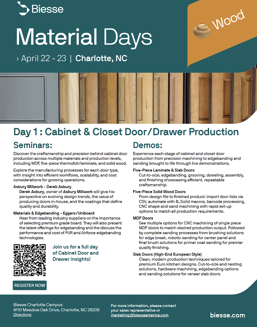 Upcoming event! Cabinet door and Closet manufacturing seminar at Biesse America APRIL 22, 23.   Register now!