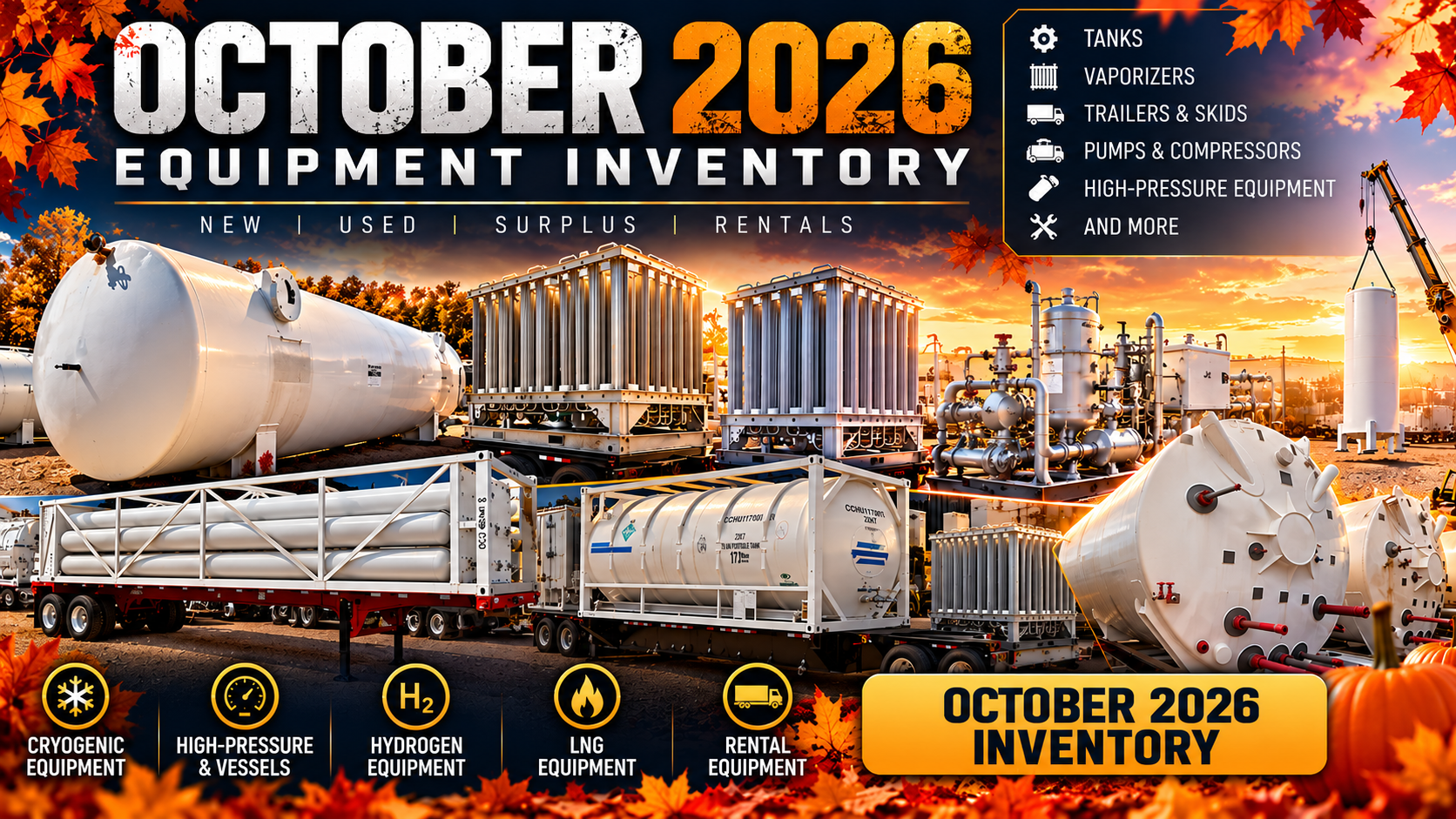 October's Cryogenic, LNG, Hydrogen, and High-Pressure Equipment Inventory lists below.
