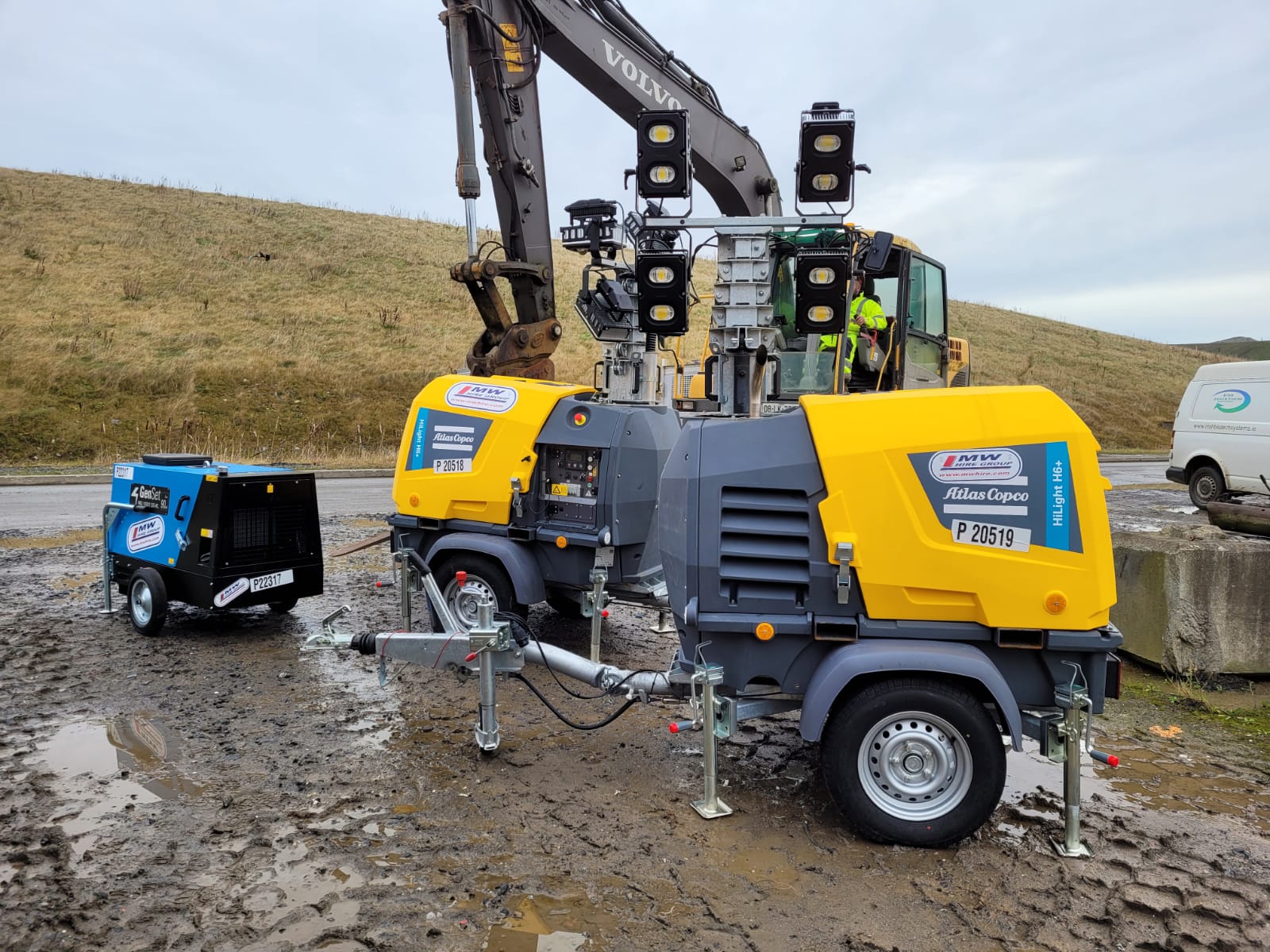 Genset 10 kva Silent Generator and 2x Atlas Copco HiLight 6+ Lighting Towers on a rental job 