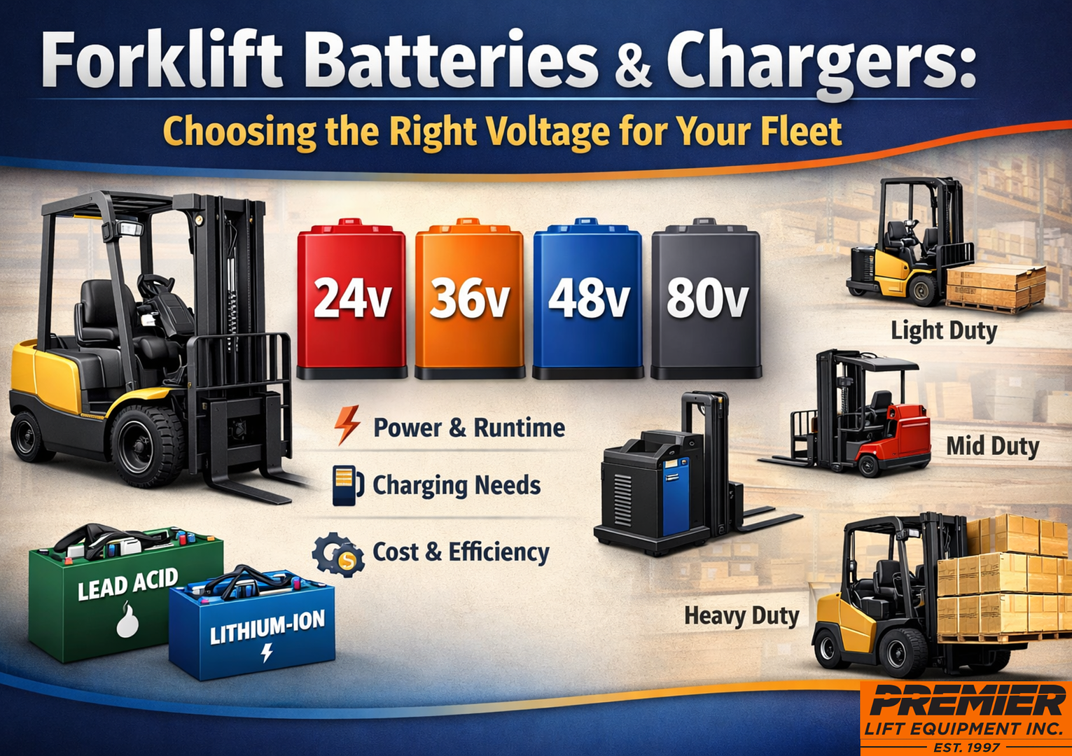 Forklift Batteries & Chargers: How to Choose the Right 24V/36V/48V/80V System for Your Fleet