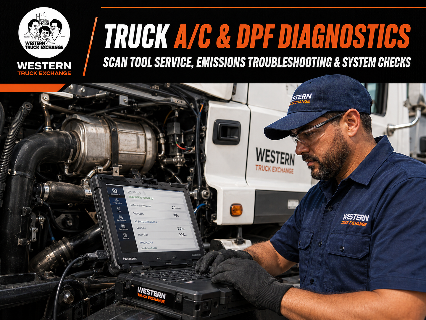 Technician performing commercial truck A/C and DPF service