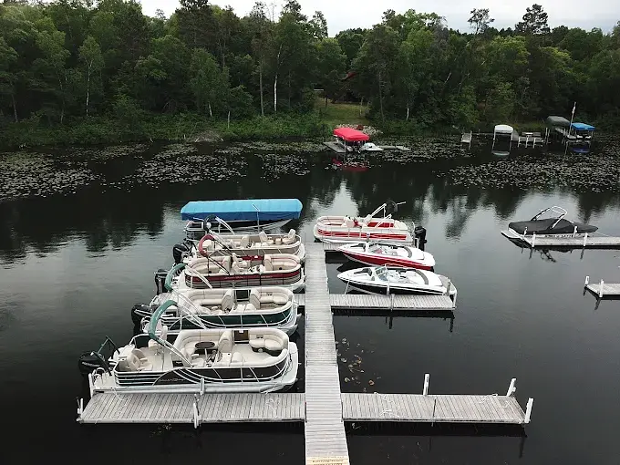Pontoons lined up at the Bertha Boatworks marina