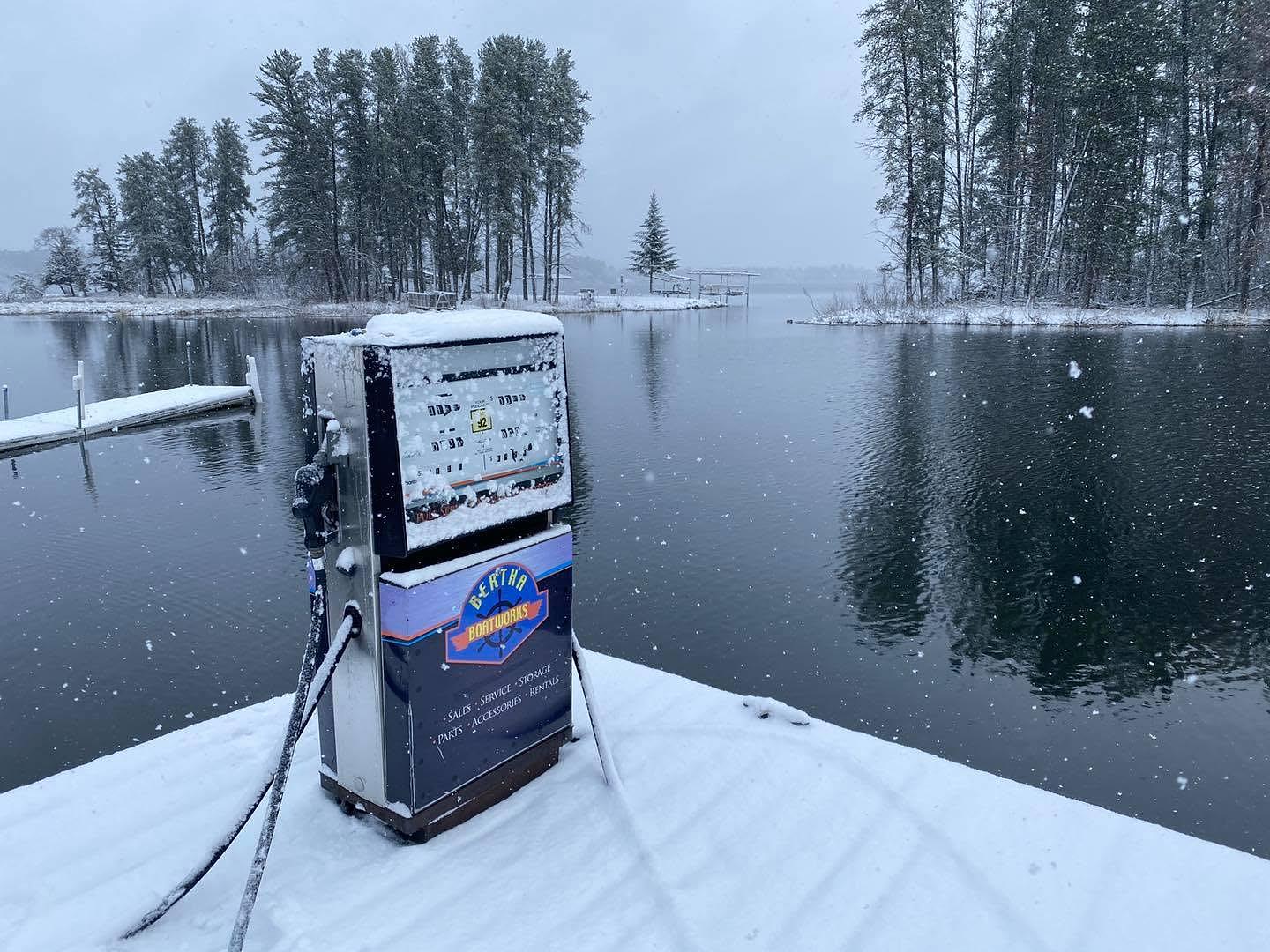 The Bertha Boatworks gas dock pump covered in snow