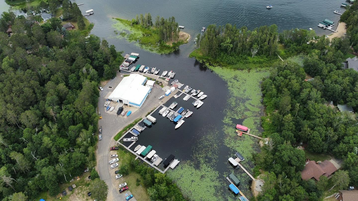 Aerial view of Bertha Boatworks on the Whitefish Chain