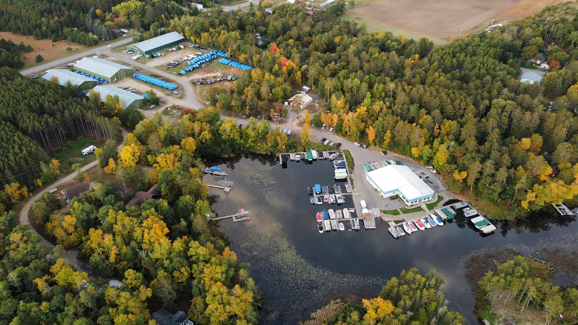 Aerial view of Bertha Boatworks in the fall