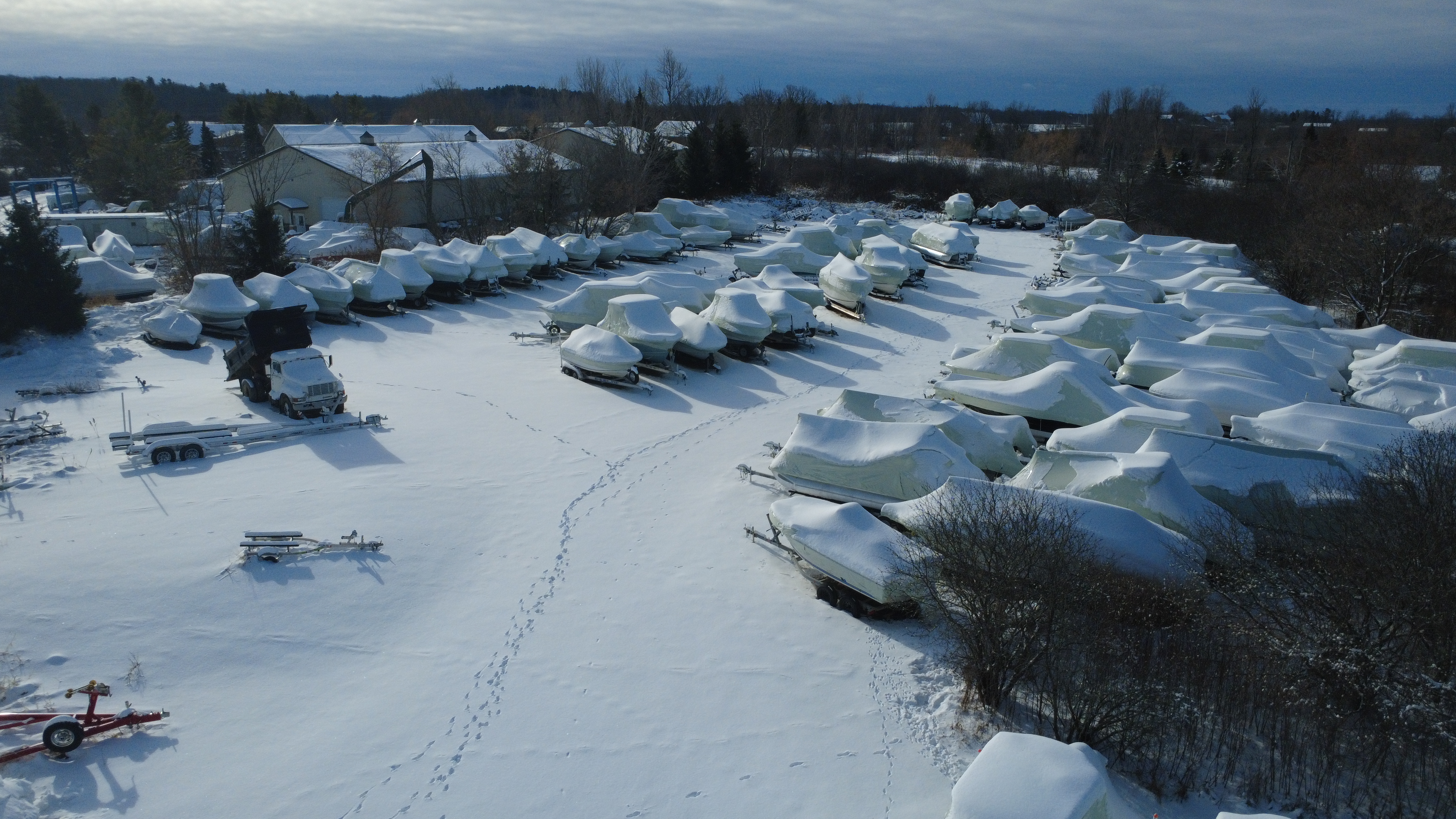 Aerial view of boats in winter storage at Spicer Marine