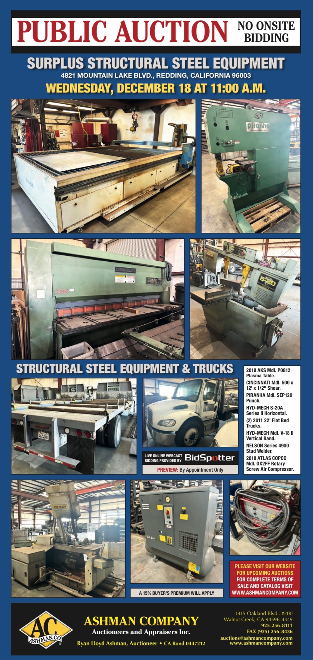 FABRICATION LIQUIDATION REDDING CA. HYD-MECH, PIRANHA, FLAT BED TRUCKS, CINCINNATI, AKS, AND MORE