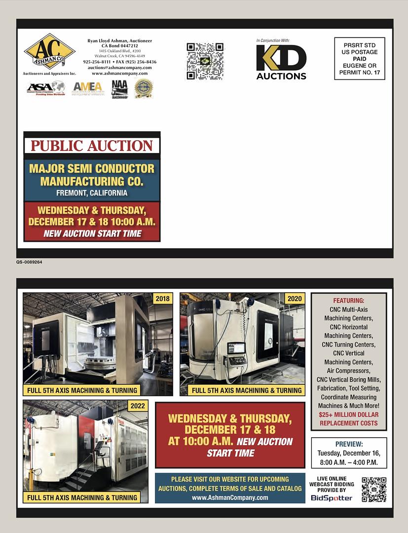 MAJOR MULTI MILLION DOLLAR MULTIAXIS DMG/MORI-MAZAK-NIIGATA CNC MACHINING & FABRICATION 80,000 SQ FT. FACILITY - SEMI CONDUCTOR MANUFACTURER