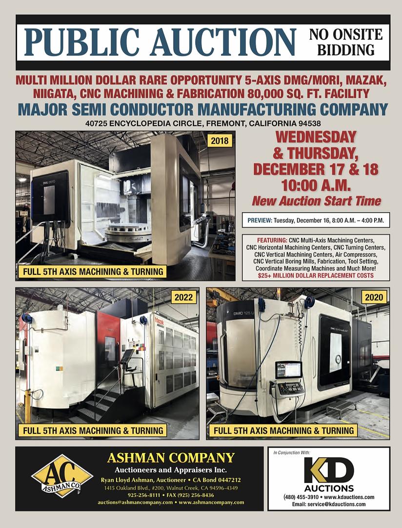 MAJOR MULTI MILLION DOLLAR MULTIAXIS DMG/MORI-MAZAK-NIIGATA CNC MACHINING & FABRICATION 80,000 SQ FT. FACILITY - SEMI CONDUCTOR MANUFACTURER