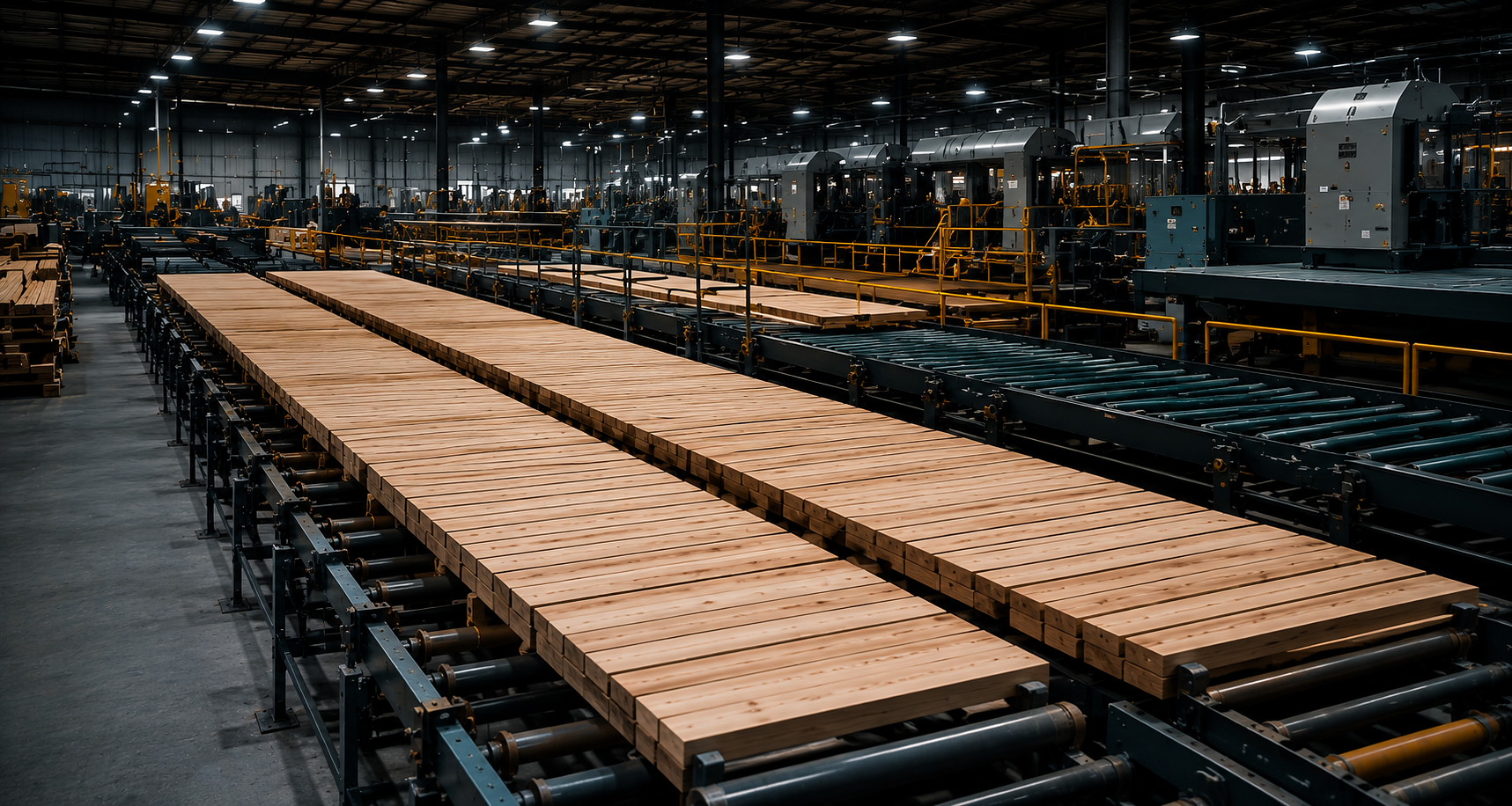 Wood product manufacturing facility with conveyor lines carrying lumber